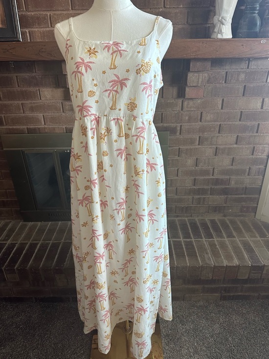 Japna Dresses & Skirts - Japna Tropical Palm Tree Midi Dress Boho Coastal Vacation Twee Ivory Pink M